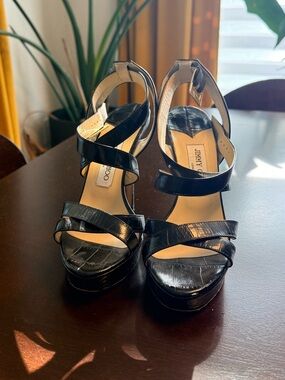 Jimmy Choo Black Patent Leather Strappy Platform Heels